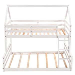 BOVZA Twin Over Full House Bunk Bed, Floor Low Bunk Bed for Kids Teens Girls Boys, Convertible to 2 Beds, White