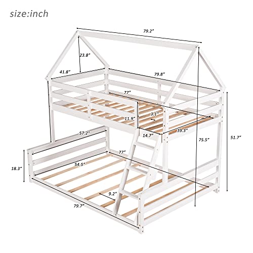 BOVZA Twin Over Full House Bunk Bed, Floor Low Bunk Bed for Kids Teens Girls Boys, Convertible to 2 Beds, White