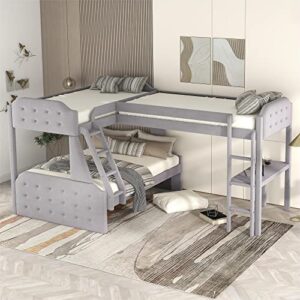 demofit bunk bed and twin size loft bed and desk, l-shaped twin over full size bed frame with ladder nd full-length guardrail for bedroom,no boxspring required (grey)
