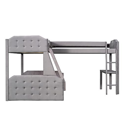 Demofit Bunk Bed and Twin Size Loft Bed and Desk, L-Shaped Twin Over Full Size Bed Frame with Ladder nd Full-Length Guardrail for Bedroom,No Boxspring Required (Grey)