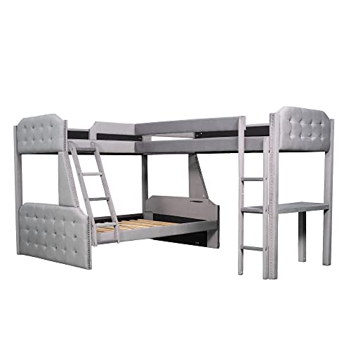 Demofit Bunk Bed and Twin Size Loft Bed and Desk, L-Shaped Twin Over Full Size Bed Frame with Ladder nd Full-Length Guardrail for Bedroom,No Boxspring Required (Grey)
