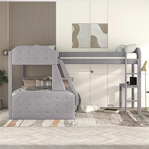 Demofit Bunk Bed and Twin Size Loft Bed and Desk, L-Shaped Twin Over Full Size Bed Frame with Ladder nd Full-Length Guardrail for Bedroom,No Boxspring Required (Grey)