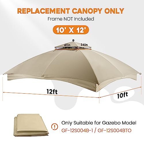 Akeacubo Replacement Canopy Cover - Double Teir Sunshade Polyester Soft Top Cover for 10'x12' Gazebo Providing Shade and Shelter in Gardens, Parks, Backyards, Patios or Decks - Beige