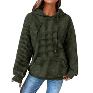 lagkqs waffle hoodie women solid color casual drawstring pullover sweatshirts basic sweatshirt with pockets fall hooded 2023 loose fashion blouse clothes comfy crop top plus size outfits green
