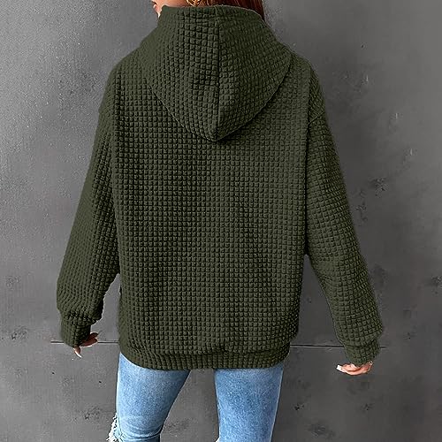 LAGKQS Waffle Hoodie Women Solid Color Casual Drawstring Pullover Sweatshirts Basic Sweatshirt with Pockets Fall Hooded 2023 Loose Fashion Blouse Clothes Comfy Crop Top Plus Size Outfits Green