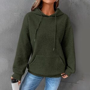 LAGKQS Waffle Hoodie Women Solid Color Casual Drawstring Pullover Sweatshirts Basic Sweatshirt with Pockets Fall Hooded 2023 Loose Fashion Blouse Clothes Comfy Crop Top Plus Size Outfits Green