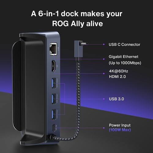 iVANKY ROG Ally& Steam Deck Dock, 6-in-1 Hub Docking Station for ASUS ROG Alloy with HDMI 4K@60Hz, Gigabit Ethernet, 3 USB-A 3.0 and 100W Charging USB-C Port Compatible with Valve Stream Deck-HB0603