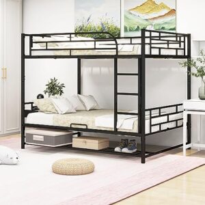 dnyn full over full bunk bed with under-shelf & ladder for kids,adult,convertible metal bedframe,perfect for dorm,bedroom,guest room,no box spring needed, black