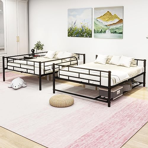 DNYN Full Over Full Bunk Bed with Under-Shelf & Ladder for Kids,Adult,Convertible Metal Bedframe,Perfect for Dorm,Bedroom,Guest Room,No Box Spring Needed, Black