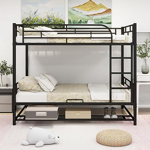 DNYN Full Over Full Bunk Bed with Under-Shelf & Ladder for Kids,Adult,Convertible Metal Bedframe,Perfect for Dorm,Bedroom,Guest Room,No Box Spring Needed, Black