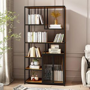 industrial bookshelf 69 inch tall etagere bookcase, display shelf with open storage shelves and right side cabinet, modern bookcases with metal frame for home office living room and bedroom, right