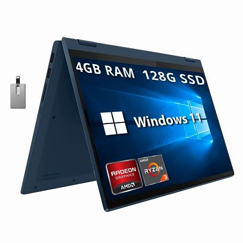 Lenovo IdeaPad Flex 5 14” FHD 2-in-1 Touchscreen Anti-Glare Laptop, AMD Ryzen 3-5300U, 4GB RAM, 128GB SSD, Backlit KB, FP Reader, Webcam with Shutter, Wi-Fi 5, Bluetooth, Blue, Win 11, 32GB USB Card