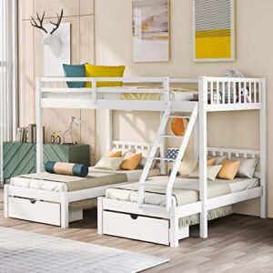 biadnbz full over twin & twin triple bunk bed with drawers and guardrails, solid wood bedframe for kids teens adults bedroom, white