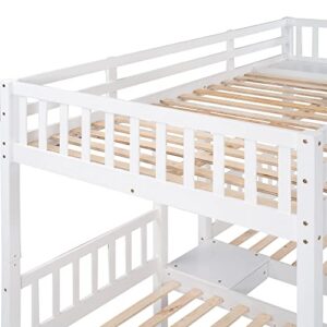 BIADNBZ Full Over Twin & Twin Triple Bunk Bed with Drawers and Guardrails, Solid Wood Bedframe for Kids Teens Adults Bedroom, White