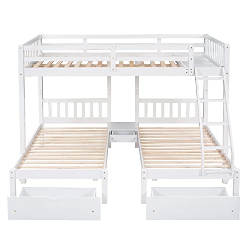 BIADNBZ Full Over Twin & Twin Triple Bunk Bed with Drawers and Guardrails, Solid Wood Bedframe for Kids Teens Adults Bedroom, White