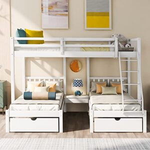 BIADNBZ Full Over Twin & Twin Triple Bunk Bed with Drawers and Guardrails, Solid Wood Bedframe for Kids Teens Adults Bedroom, White