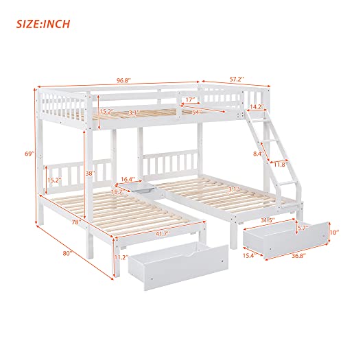 BIADNBZ Full Over Twin & Twin Triple Bunk Bed with Drawers and Guardrails, Solid Wood Bedframe for Kids Teens Adults Bedroom, White