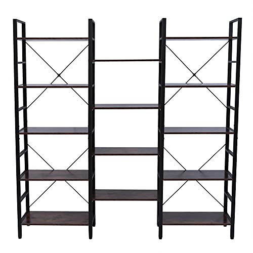 XMLYEC Triple Wide 5-Shelf Bookcase, Etagere Large Open Bookshelf Vintage Industrial Style Shelves Wood and Metal bookcases Furniture for Home & Office (Retro Brown)