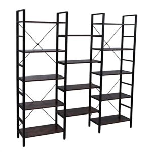 XMLYEC Triple Wide 5-Shelf Bookcase, Etagere Large Open Bookshelf Vintage Industrial Style Shelves Wood and Metal bookcases Furniture for Home & Office (Retro Brown)