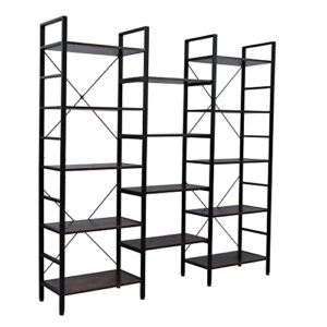 XMLYEC Triple Wide 5-Shelf Bookcase, Etagere Large Open Bookshelf Vintage Industrial Style Shelves Wood and Metal bookcases Furniture for Home & Office (Retro Brown)