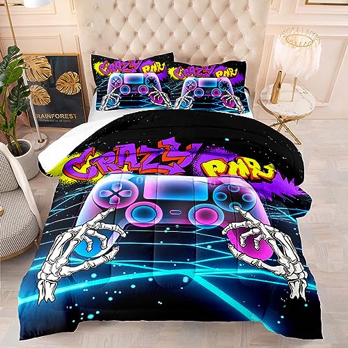 KGOSAUO Comforter Set Queen Kids Boys Teens Gaming Comforter Gamer Room Decor Video Game Controller Bedding Set, Soft Lightweight Gamepad Console Duvet, Youth Young Man, 1 Comforter + 2 Pillowcase