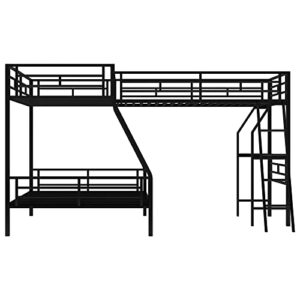 TARTOP Metal L-Shaped Bunk Bed with a Loft Attached, Triple Bedframe with Desk, Guardrails, and Ladders, Twin Over Full, Black