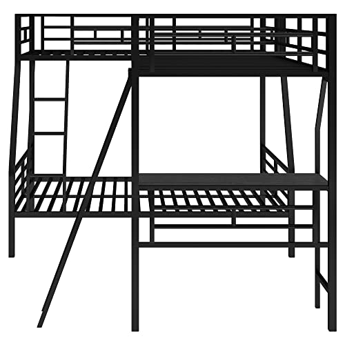TARTOP Metal L-Shaped Bunk Bed with a Loft Attached, Triple Bedframe with Desk, Guardrails, and Ladders, Twin Over Full, Black