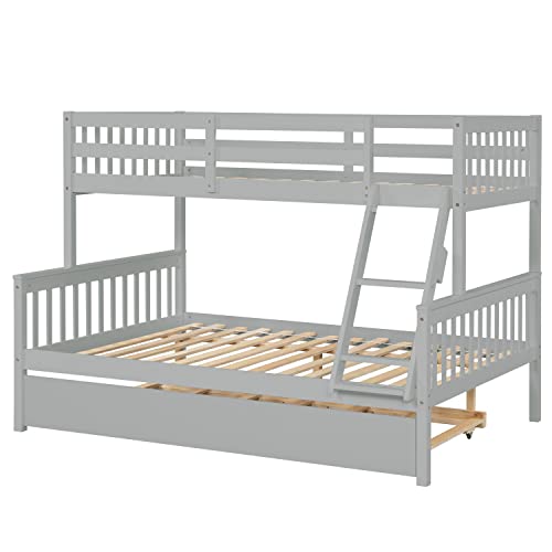 OPTOUGH Twin Over Full Bunk Bed with Trundle,Convertible into 2 Bedframe Wooden Beds with Ladder and Safety Rails for Kids, Teens, Adults, Grey