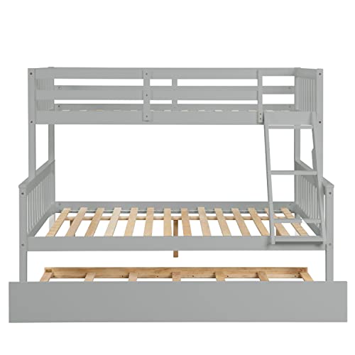 OPTOUGH Twin Over Full Bunk Bed with Trundle,Convertible into 2 Bedframe Wooden Beds with Ladder and Safety Rails for Kids, Teens, Adults, Grey