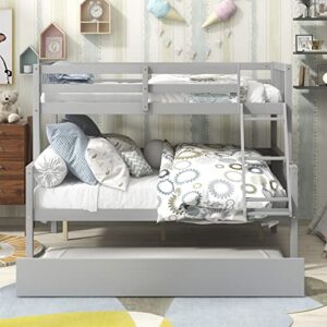 OPTOUGH Twin Over Full Bunk Bed with Trundle,Convertible into 2 Bedframe Wooden Beds with Ladder and Safety Rails for Kids, Teens, Adults, Grey