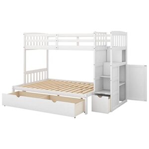 OPTOUGH Twin-Over-Full Bunk Bed with Drawers,Storage and Slide Convertible Bottom BedFrame, White