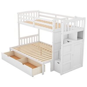 OPTOUGH Twin-Over-Full Bunk Bed with Drawers,Storage and Slide Convertible Bottom BedFrame, White