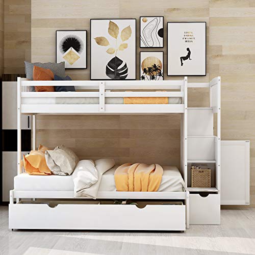 OPTOUGH Twin-Over-Full Bunk Bed with Drawers,Storage and Slide Convertible Bottom BedFrame, White