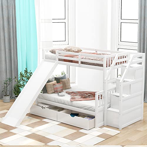 KoiHome Twin Over Full Bunk Bed with Multifunctional Storage Stairway & Slide, Modern Bunk Bed with Build-in Drawers for Kids,Teens Bedroom, Practical & Space-Saving, No Box Spring Needed, White