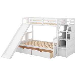 KoiHome Twin Over Full Bunk Bed with Multifunctional Storage Stairway & Slide, Modern Bunk Bed with Build-in Drawers for Kids,Teens Bedroom, Practical & Space-Saving, No Box Spring Needed, White