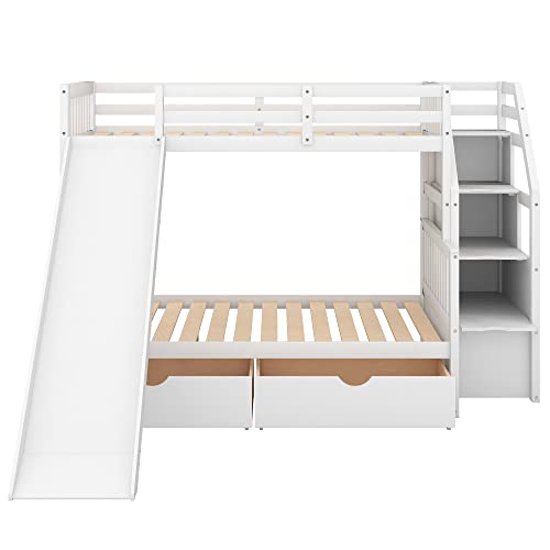 KoiHome Twin Over Full Bunk Bed with Multifunctional Storage Stairway & Slide, Modern Bunk Bed with Build-in Drawers for Kids,Teens Bedroom, Practical & Space-Saving, No Box Spring Needed, White