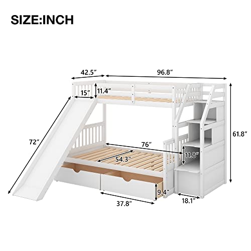 KoiHome Twin Over Full Bunk Bed with Multifunctional Storage Stairway & Slide, Modern Bunk Bed with Build-in Drawers for Kids,Teens Bedroom, Practical & Space-Saving, No Box Spring Needed, White
