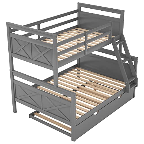 KoiHome Twin Over Full Bunk Bed with Full-Length Guardrail and Trundle, Modern Bunk Bed Frame with Built-in Ladder and Slat Support for Teens Bedroom, Space-Saving Design, No Box Spring Need, Gray