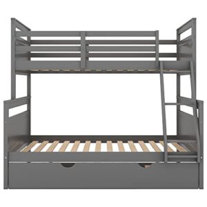 KoiHome Twin Over Full Bunk Bed with Full-Length Guardrail and Trundle, Modern Bunk Bed Frame with Built-in Ladder and Slat Support for Teens Bedroom, Space-Saving Design, No Box Spring Need, Gray