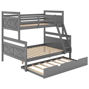 KoiHome Twin Over Full Bunk Bed with Full-Length Guardrail and Trundle, Modern Bunk Bed Frame with Built-in Ladder and Slat Support for Teens Bedroom, Space-Saving Design, No Box Spring Need, Gray