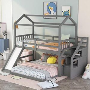 koihome twin over full house bunk bed with convertible slide & storage staircase, wood bed frame with slat support & full length guardrail for kids,teens bedroom, no box spring needed, gray