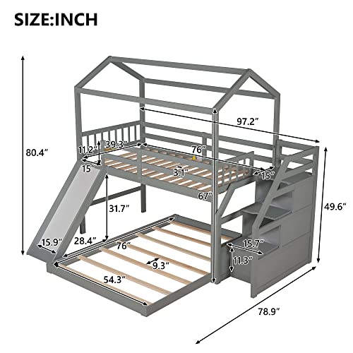 KoiHome Twin Over Full House Bunk Bed with Convertible Slide & Storage Staircase, Wood Bed Frame with Slat Support & Full Length Guardrail for Kids,Teens Bedroom, No Box Spring Needed, Gray