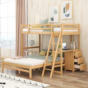 koihome twin over full bunk bed with built-in desk and three drawers, wood bunk bed with full-length guardrail & solid slat support for kids,teens bedroom, no box spring needed, natural