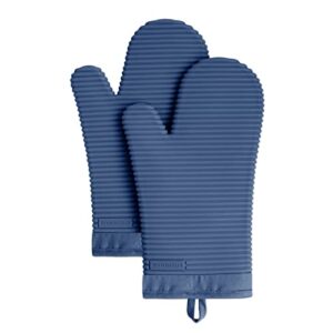 KitchenAid Ribbed Soft Silicone Oven Mitt Set, Blue Willow 2 Count & Albany Kitchen Towel 4-Pack Set, Cotton, Blue Willow/White, 16"x26"