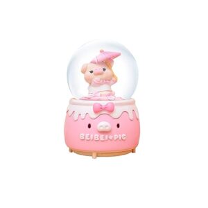 pink pig snow globe music box, 80mm resin/glass water globe with color changing led lights for wife daughter girlfriend mom granddaughter anniversary christmas birthday gift (2187-b)