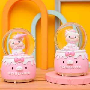 Pink Pig Snow Globe Music Box, 80mm Resin/Glass Water Globe with Color Changing LED Lights for Wife Daughter Girlfriend Mom Granddaughter Anniversary Christmas Birthday Gift (2187-B)