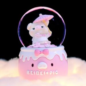 Pink Pig Snow Globe Music Box, 80mm Resin/Glass Water Globe with Color Changing LED Lights for Wife Daughter Girlfriend Mom Granddaughter Anniversary Christmas Birthday Gift (2187-B)