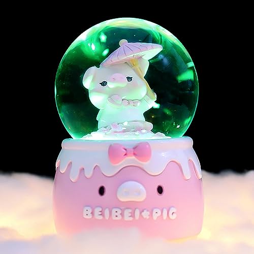 Pink Pig Snow Globe Music Box, 80mm Resin/Glass Water Globe with Color Changing LED Lights for Wife Daughter Girlfriend Mom Granddaughter Anniversary Christmas Birthday Gift (2187-B)