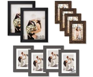 picture frames set for wall gallery - 10 pack assorted color rustic wooden collage photo frame with mat for wall decor or tabletop display including two 8x10 / four 5x7 / four 4x6 - black brown gray
