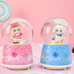 Cartoon Snow Globe Music Box, 80MM Musical Snow Globe with Color Changing LED Lights for Girlfriend Wife Girls Daughter Birthday (Blue)